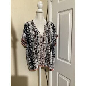 John Eshaya Womens P/S Tribal Print Split Neck Blouse Black White Orange Neon